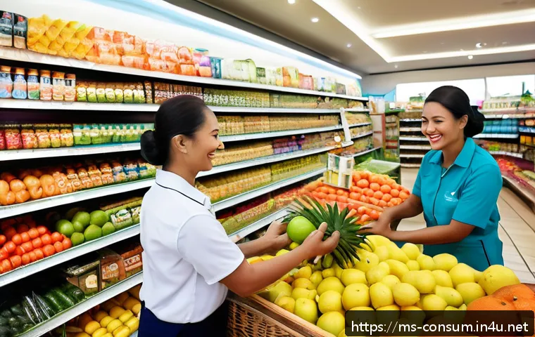 소비자중심 경영 사례와 성공적인 시장 전략 연구와 분석 - A vibrant Malaysian local grocery store scene showing a friendly staff member warmly assisting diver...