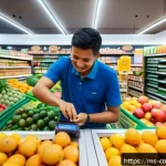 소비자중심 경영 성과 사례 연구 - A vibrant Malaysian local grocery store interior bustling with diverse customers using digital payme...
