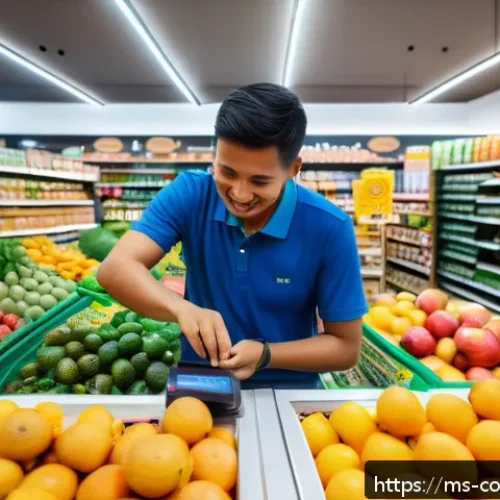 소비자중심 경영 성과 사례 연구 - A vibrant Malaysian local grocery store interior bustling with diverse customers using digital payme...