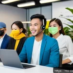 소비자중심 경영의 주요 성공 요인과 사례 연구와 분석 - A modern Malaysian e-commerce customer service center scene, featuring a diverse team of young profe...