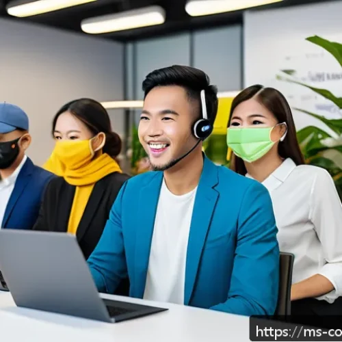 소비자중심 경영의 주요 성공 요인과 사례 연구와 분석 - A modern Malaysian e-commerce customer service center scene, featuring a diverse team of young profe...