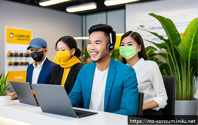 소비자중심 경영의 주요 성공 요인과 사례 연구와 분석 - A modern Malaysian e-commerce customer service center scene, featuring a diverse team of young profe...